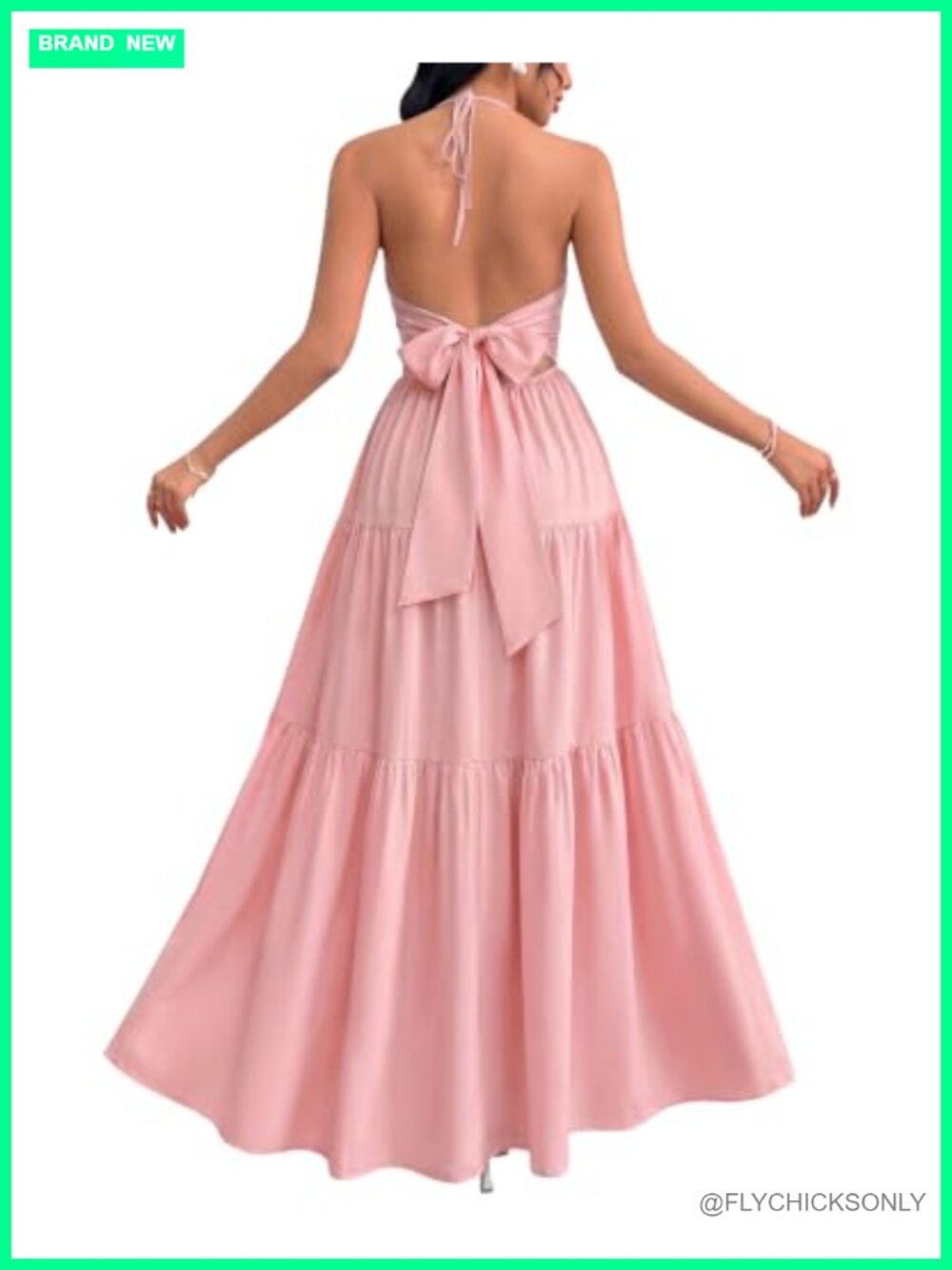 Viscose Blend Halter V-Neck Maxi Dress Sleeveless Backless Beach Wedding Guest